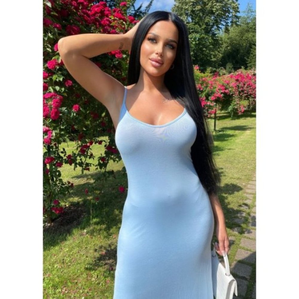 Blue Sleeveless V-Neck Side Slit Bodycon Long Maxi Dress Sundress - Picture 3 of 7